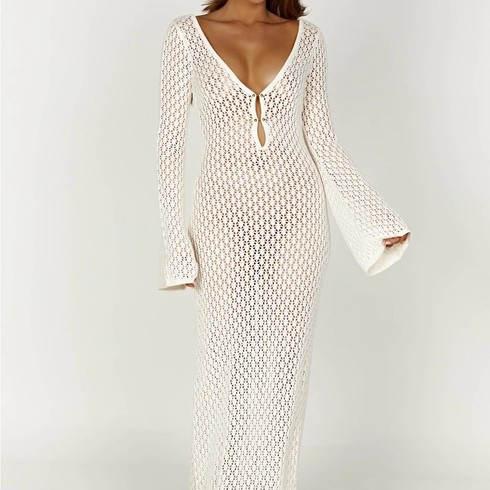 MESHKI Kayleigh Crochet Fishtail Flare Sleeve Maxi Dress - White (Size XS)